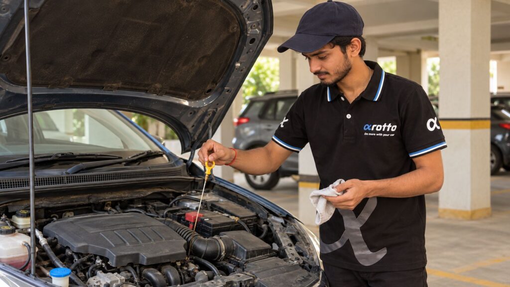 Engine oil: Rotto mechanic checking the engine oil dipstick as part of car checks before a weekend trip