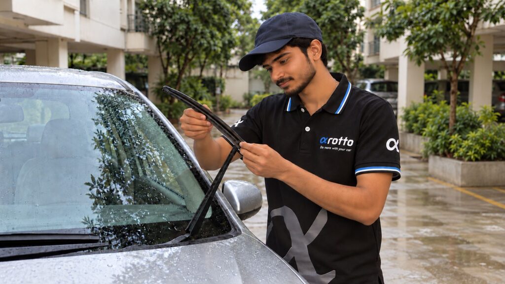 Wipers: Rotto mechanic checking the wiper blade on a wet windscreen with the car owner watching, a quick car check before a weekend trip