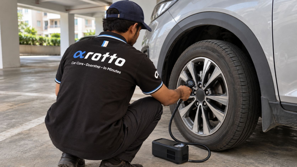 Tyres: Rotto mechanic checking tyre pressure with a gauge, one of the car checks before a weekend trip